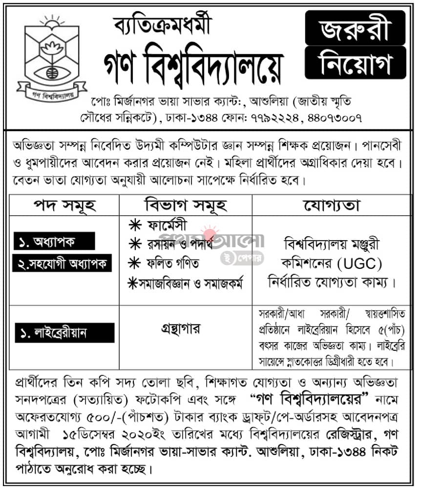 Private University job circular from Gono Bishwabidwalay